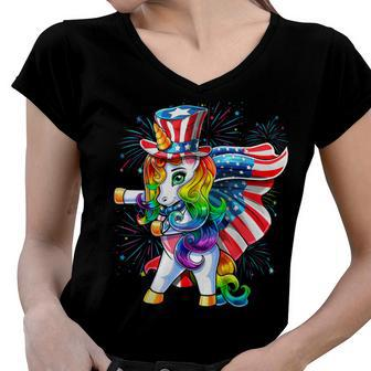 Flossing Unicorn 4Th Of July American Flag Uncle Sam Girls Women V-Neck T-Shirt - Seseable