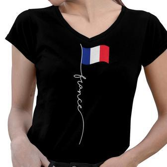 France Signature Flag Pole - Elegant Patriotic French Flag Women V-Neck T-Shirt - Seseable