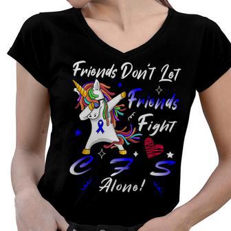 Friends Dont Let Friends Fight Chronic Fatigue Syndrome Cfs Alone Unicorn Blue Ribbon Chronic Fatigue Syndrome Support Cfs Awareness V2 Women V-Neck T-Shirt | Favorety