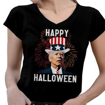 Funny Anti Biden Joe Biden Happy Halloween For Fourth Of July Women V-Neck T-Shirt | Mazezy