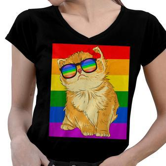 Funny Cat Lgbt Gay Rainbow Pride Flag Boys Men Girls Women Women V-Neck T-Shirt | Mazezy