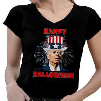 Funny Joe Biden Happy Halloween For Fourth Of July Women V-Neck T-Shirt | Mazezy