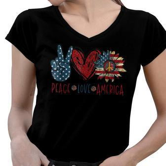 Funny Peace Love America Sunflower Hippie 4Th Of July Women V-Neck T-Shirt - Seseable