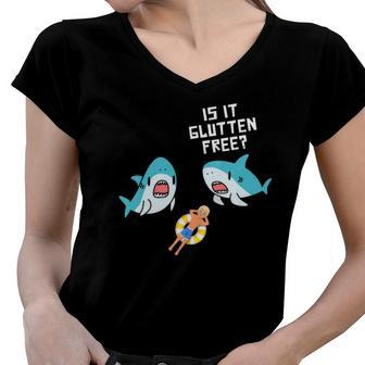 Funny Sharkes Ocean Animal Celiac Disease Is It Gluten Free Women V-Neck T-Shirt | Mazezy