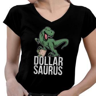 Funny Trader Investor Stock Market Dollar Moneyrex Saurus Women V-Neck T-Shirt | Mazezy