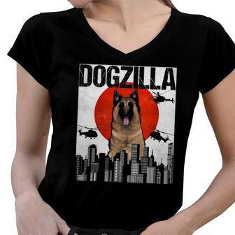 Funny Vintage Japanese Dogzilla Belgian Tervuren Women V-Neck T-Shirt | Mazezy