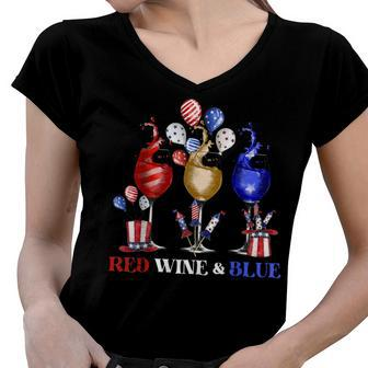 Funny Wine Glasses 4Th Of July Red White And Blue Firework Women V-Neck T-Shirt - Seseable