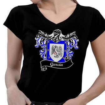 Garcia Coat Of Arms Surname Last Name Family Crest Women V-Neck T-Shirt | Mazezy