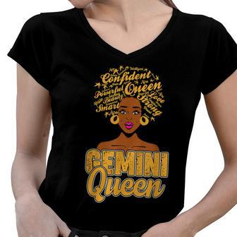 Gemini Zodiac Black African Afro Queen May June Birthday Women V-Neck T-Shirt - Seseable
