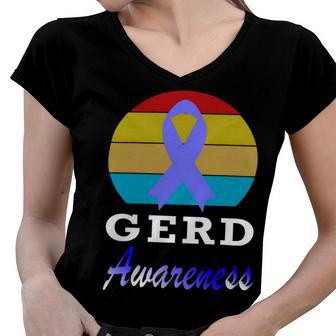 Gerd Awareness Vintage Periwinkle Blue Ribbon Gastroesophageal Reflux Disease Gerd Awareness Women V-Neck T-Shirt | Favorety