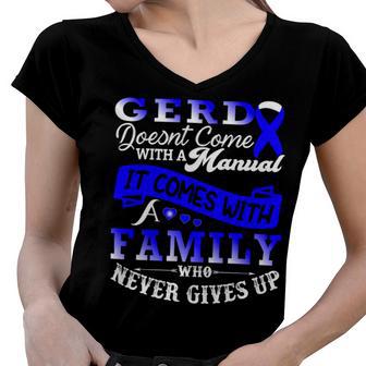 Gerd Doesnt Come With A Manual It Comes With A Family Who Never Gives Up Periwinkle Blue Ribbon Gastroesophageal Reflux Disease Gerd Awareness Women V-Neck T-Shirt | Favorety