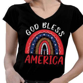 God Bless America 4Th Of July Leopard Usa Flag Christian Women V-Neck T-Shirt - Seseable