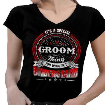 Groom Shirt Family Crest Groom T Shirt Groom Clothing Groom Tshirt Groom Tshirt Gifts For The Groom Women V-Neck T-Shirt - Seseable