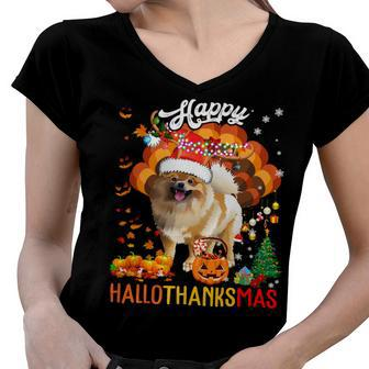 Hallothanksmas Santa Turkey Pumpkin Pomeranian Dog T-Shirt Women V-Neck T-Shirt - Seseable