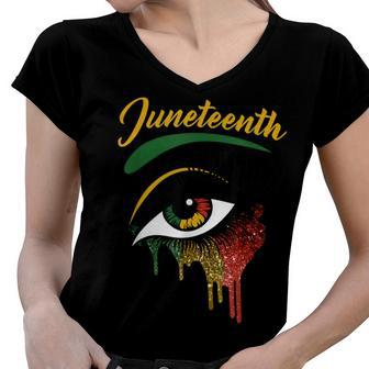 Happy Juneteenth 1865 Bright Eyes Melanin Retro Black Pride Women V-Neck T-Shirt | Mazezy