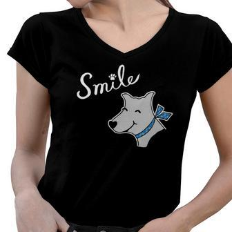 Happy Smile Dog Pet Lover Women V-Neck T-Shirt | Mazezy