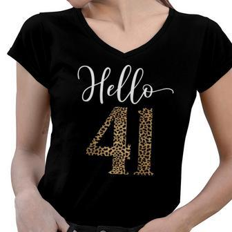 Hello 41 Years Leopard Print 41St Birthday Party Woman Women V-Neck T-Shirt | Mazezy