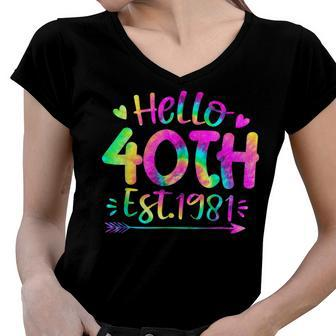Hello Fifty 1981 Tie Dye 40Th Birthday Party 40 Years Old Women V-Neck T-Shirt - Seseable