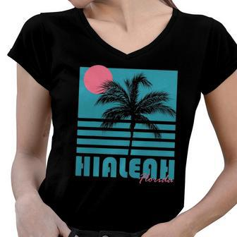 Hialeah Florida Vintage Souvenirs Palm Trees Beach Women V-Neck T-Shirt | Mazezy