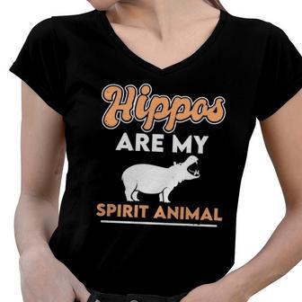 Hippos Are My Spirit Animal Hippopotamus Lover Retro Women V-Neck T-Shirt | Mazezy