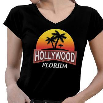 Hollywood Florida Beach Vacation Palm Tree Women V-Neck T-Shirt | Mazezy