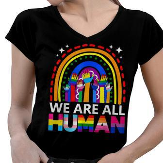Human Lgbt Flag Gay Pride Month Transgender Rainbow Lesbian Women V-Neck T-Shirt | Mazezy