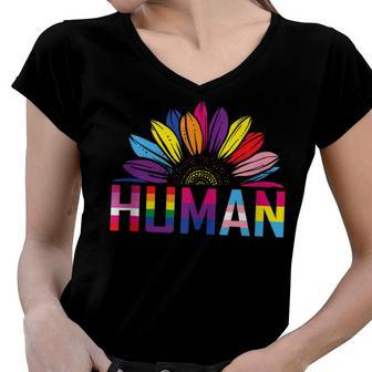 Human Lgbtq Month Pride Sunflower Women V-Neck T-Shirt | Mazezy