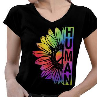 Human Sunflower Lgbt Tie Dye Flag Gay Pride Proud Lgbtq Women V-Neck T-Shirt | Mazezy