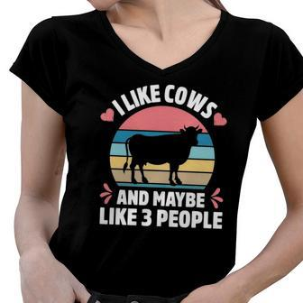 I Like Cows And Maybe Like 3 People Farm Farmer Cow Print Women V-Neck T-Shirt | Mazezy