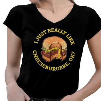 I Love Cheeseburgers Lover Gift Women V-Neck T-Shirt | Mazezy