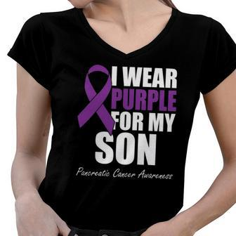 I Wear Purple For My Son Pancreatic Cancer Awareness Women V-Neck T-Shirt | Mazezy