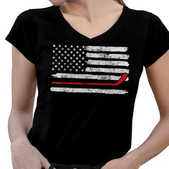 Ice Hockey Player Usa American Flag 4Th Of July Vintage Women V-Neck T-Shirt - Seseable