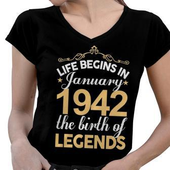 January 1942 Birthday Life Begins In January 1942 V2 Women V-Neck T-Shirt - Seseable
