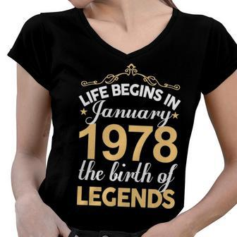 January 1978 Birthday Life Begins In January 1978 V2 Women V-Neck T-Shirt - Seseable