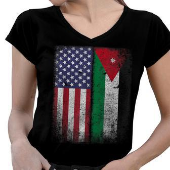 Jordanian American Flag Jordan Usa Country Gift Women V-Neck T-Shirt - Seseable