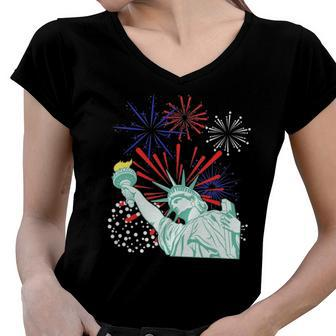 July 4Th S Fireworks Statue Of Liberty Women V-Neck T-Shirt | Mazezy