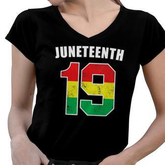 Juneteenth 19 Jersey Black American Freedom Juneteenth Women V-Neck T-Shirt | Mazezy