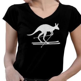 Kangaroo Skiing Fun Winter Sports Australia Travel Gift Women V-Neck T-Shirt | Mazezy