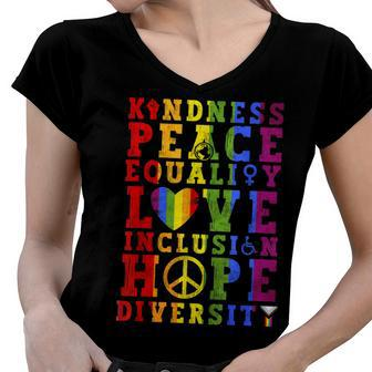 Kindness Equality Love Lgbtq Rainbow Flag Gay Pride Month Women V-Neck T-Shirt | Mazezy