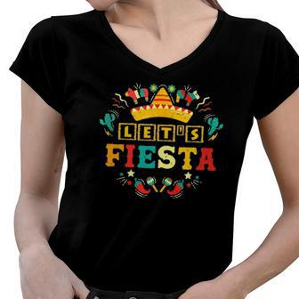 Lets Fiesta Mexican Cinco De Mayo Poncho Hat Men Women Women V-Neck T-Shirt | Mazezy