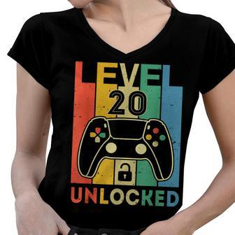Level 20 Unlocked Retro Vintage Video Gamer 20Th Birthday Women V-Neck T-Shirt - Seseable