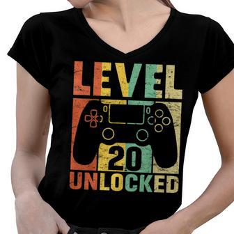 Level 20 Unlocked Video Game 20Th Birthday Gift Retro Women V-Neck T-Shirt - Seseable