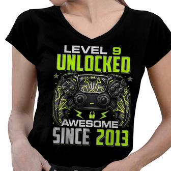Level 9 Unlocked Awesome Since 2013 9Th Birthday Gaming V8 Women V-Neck T-Shirt - Seseable