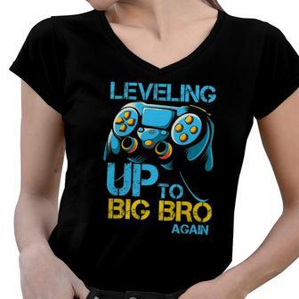 Leveling Up To Big Bro Again Gaming Lovers Vintage Women V-Neck T-Shirt | Mazezy