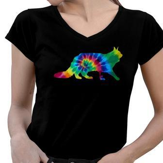 Maine Coon Cat Tie Dye Vintage Hippie Cat Lover Women V-Neck T-Shirt | Mazezy
