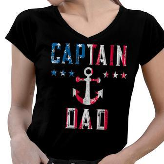 Mens Patriotic Captain Dad American Flag Boat Owner 4Th Of July Women V-Neck T-Shirt - Seseable