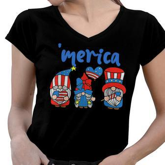 Merica Gnomes Usa Flag Fireworks Memorial Day 4Th Of July Women V-Neck T-Shirt - Seseable