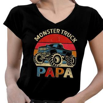 Monster Truck Papa Matching Family Birthday Party Women V-Neck T-Shirt | Mazezy