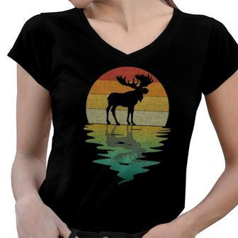 Moose Silhouette Sunset Retro Vintage 70S Nature Lover Women V-Neck T-Shirt | Mazezy