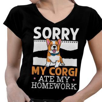 My Corgi Ate My Homework Welsh Corgi Dog Owner Puppy V2 Women V-Neck T-Shirt - Monsterry DE